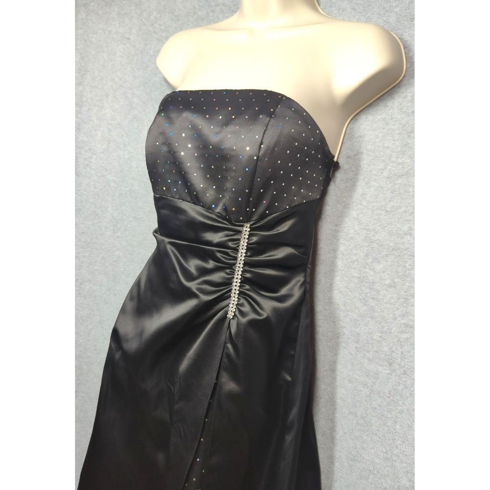 Blondie Nites Juniors 9 Black Strapless Maxi Ball Gown Rhinestones Corset Back